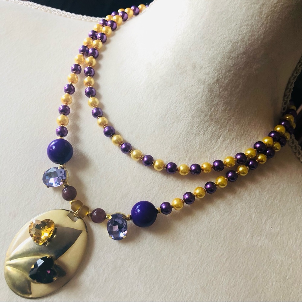 Handcrafted repurpose double strand purple and gold Czech glass Pearl necklace